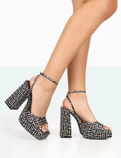 Public Desire Lyle Black Geometric Satin Square Toe Block Platform High Heels Black And White Discount
