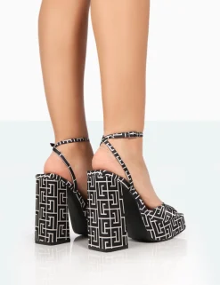 Public Desire Lyle Black Geometric Satin Square Toe Block Platform High Heels Black And White Discount