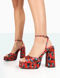 Public Desire Lyle Floral Satin Square Toe Block Platform High Heels Red Flash Sale