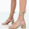 Public Desire Mabel Metallic Ankle Tie Block Heeled Sandals Gold Online