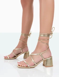 Public Desire Mabel Metallic Ankle Tie Block Heeled Sandals Gold Online