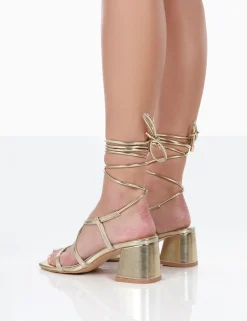 Public Desire Mabel Metallic Ankle Tie Block Heeled Sandals Gold Online