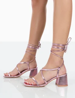 Public Desire Mabel Metallic Ankle Tie Block Heeled Sandals Pink Best