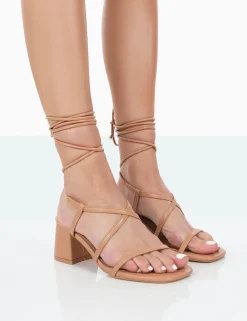 Public Desire Mabel Wide Fit Pu Ankle Tie Mid Block Heeled Sandals Nude Sale