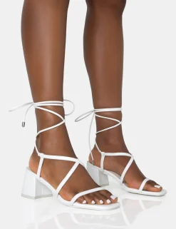 Public Desire Mabel Wide Fit Pu Ankle Tie Mid Block Heeled Sandals White Store
