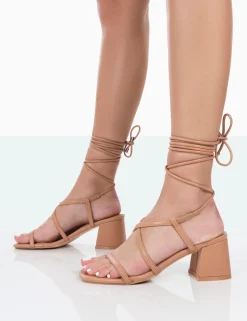 Public Desire Mabel Wide Fit Pu Ankle Tie Mid Block Heeled Sandals Nude Sale