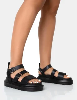 Public Desire Macy Pu Chunky Buckle Strap Sandals Black Discount