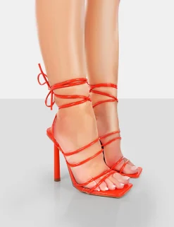 Public Desire Make Way Patent Strappy Lace Up Square Toe Stilettos Orange Hot