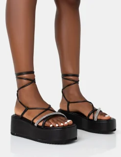 Public Desire Malia Pu Diamante Strap Lace Up Chunky Platform Sandals Black Fashion