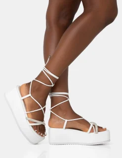 Public Desire Malia Pu Diamante Strap Lace Up Chunky Platform Sandals White Flash Sale