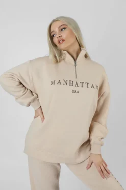 Public Desire Manhattan Half Zip Pullover Sweatshirt Stone Shop