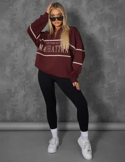 Public Desire Manhattan Slogan Half Zip Pullover Sweatshirt Burgundy Red Clearance