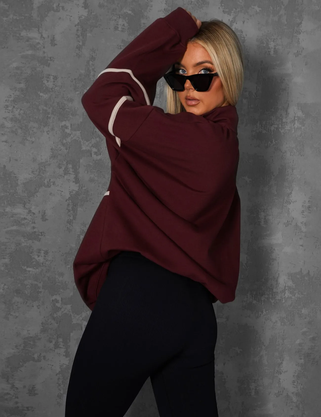 Public Desire Manhattan Slogan Half Zip Pullover Sweatshirt Burgundy Red Clearance