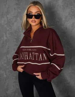 Public Desire Manhattan Slogan Half Zip Pullover Sweatshirt Burgundy Red Clearance