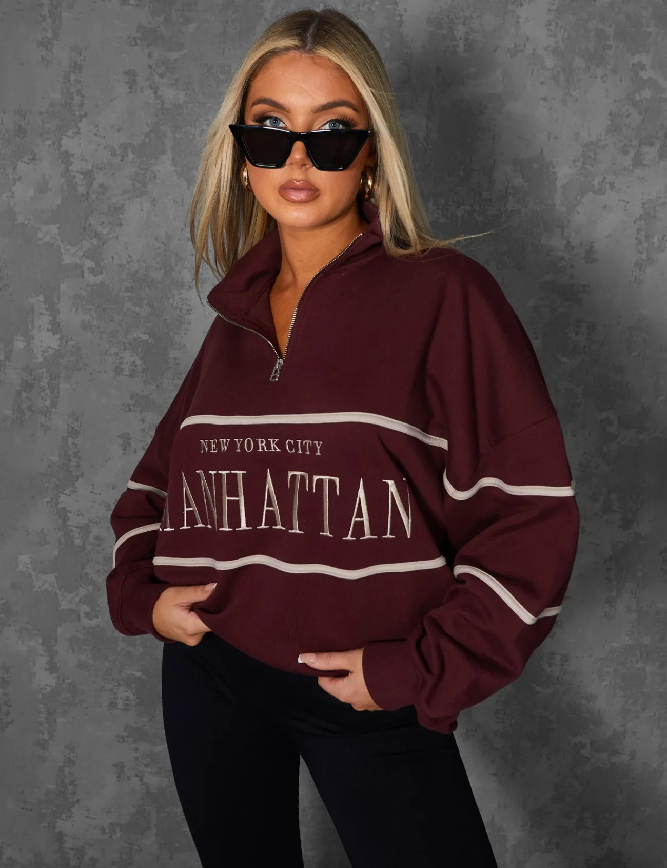 Public Desire Manhattan Slogan Half Zip Pullover Sweatshirt Burgundy Red Clearance