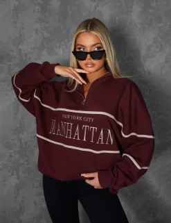 Public Desire Manhattan Slogan Half Zip Pullover Sweatshirt Burgundy Red Clearance