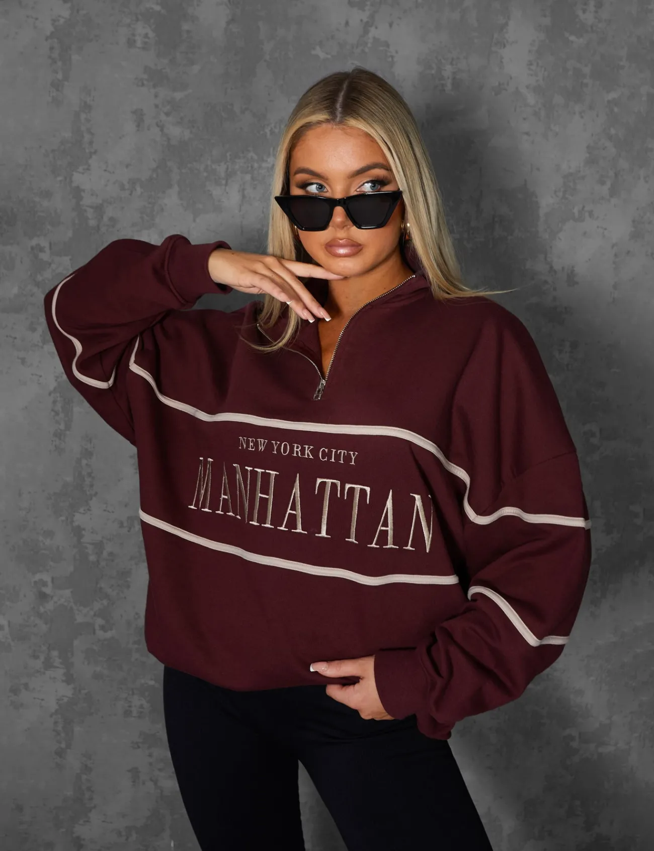 Public Desire Manhattan Slogan Half Zip Pullover Sweatshirt Burgundy Red Clearance