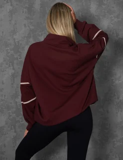 Public Desire Manhattan Slogan Half Zip Pullover Sweatshirt Burgundy Red Clearance