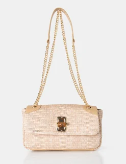 Public Desire Mara Natural Raffia Gold Chain Detail Adjustable Shoulder Bag Nude Sale