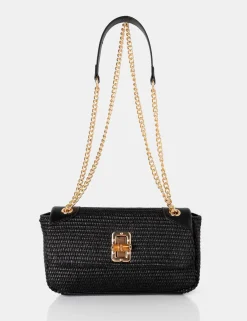 Public Desire Mara Raffia Gold Chain Detail Adjustable Shoulder Bag Black Discount