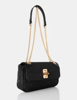 Public Desire Mara Raffia Gold Chain Detail Adjustable Shoulder Bag Black Discount