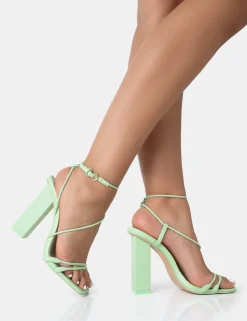 Public Desire Marley Mint Pu Strappy Barely There Square Toe Block Heels Green New