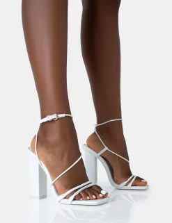 Public Desire Marley Pu Strappy Barely There Square Toe Block Heels White Clearance