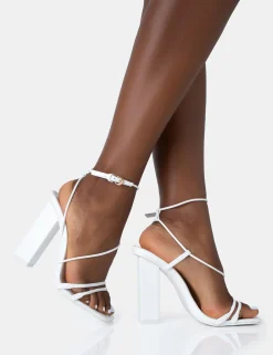 Public Desire Marley Pu Strappy Barely There Square Toe Block Heels White Clearance