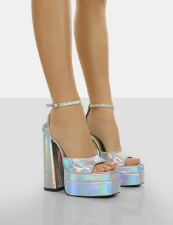 Public Desire Mercy Holographic Strappy Square Toe Platform High Block Heels Silver Flash Sale
