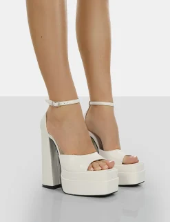 Public Desire Mercy Pu Strappy Square Toe Platform High Block Heels Ecru Cheap