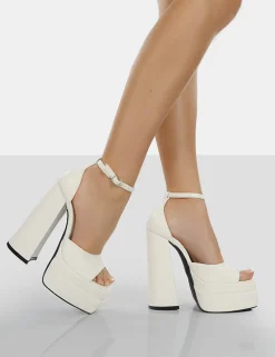 Public Desire Mercy Pu Strappy Square Toe Platform High Block Heels Ecru Cheap
