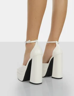 Public Desire Mercy Pu Strappy Square Toe Platform High Block Heels Ecru Cheap