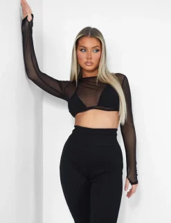Public Desire Mesh Long Sleeve Underbust Top Black Clearance