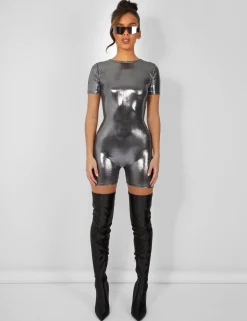 Public Desire Metallic Open Back Detail Short Sleeve Unitard Playsuit Silver New