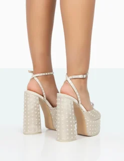 Public Desire Mia Ecru Satin Pearl Open Toe Block Platform Heels Clearance