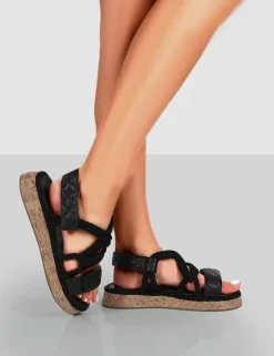 Public Desire Miami Wide Fit Rope Flatform Lace Up Sandals Black New