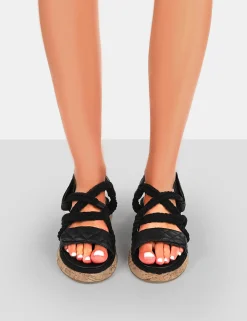 Public Desire Miami Wide Fit Rope Flatform Lace Up Sandals Black New