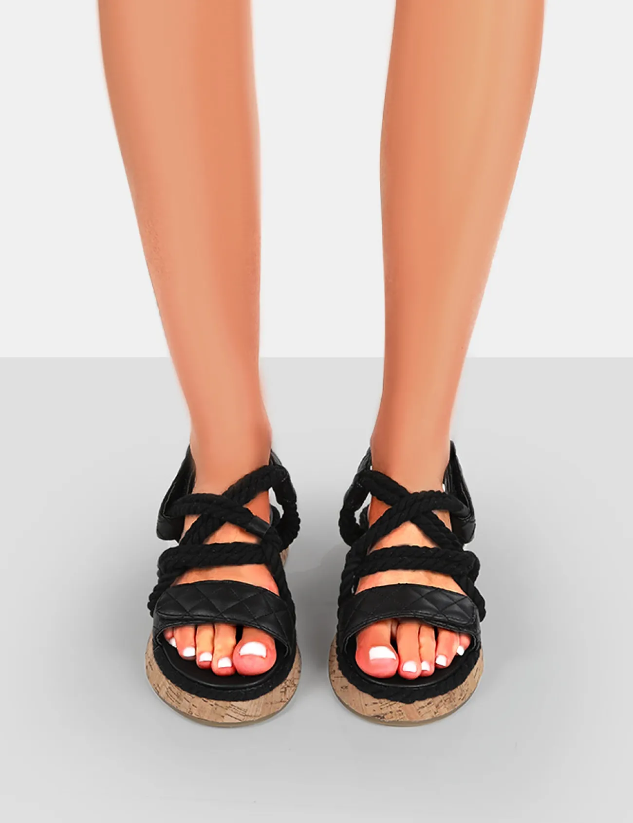 Public Desire Miami Wide Fit Rope Flatform Lace Up Sandals Black New