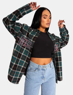 Public Desire Michigan Slogan Check Shirt Forest Green Hot