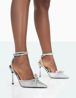 Public Desire Midnight Glitter Wrap Around Diamante Bow Pointed Toe High Heel Silver Clearance