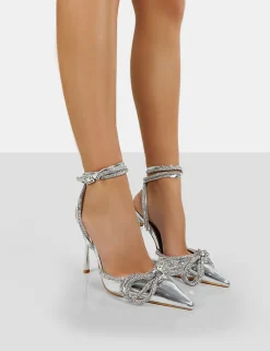 Public Desire Midnight Mirror Wrap Around Bow Pointed Toe Court Heels Silver New