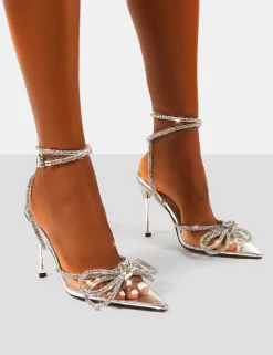 Public Desire Midnight Perspex Wide Fit Wrap Around Diamante Bow Pointed Toe High Heel Clear Flash Sale