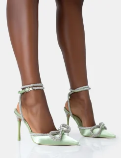Public Desire Midnight Sage Satin Wrap Around Diamante Bow Pointed Toe High Heels Green New