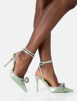 Public Desire Midnight Sage Satin Wrap Around Diamante Bow Pointed Toe High Heels Green New