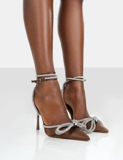 Public Desire Midnight Satin Wrap Around Bow Pointed Toe Court Heels Chocolate Store