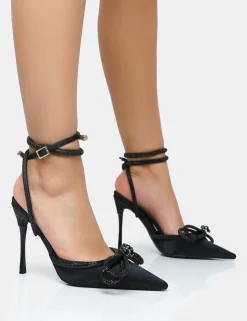 Public Desire Midnight Satin Wrap Around Diamante Bow Pointed Toe High Heels Black Flash Sale