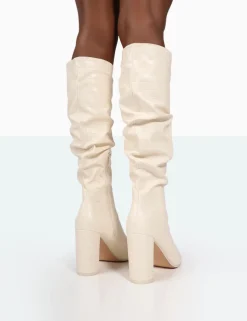 Public Desire Mine Croc Pointed Toe Block Heeled Knee High Boots Ecru Fashion