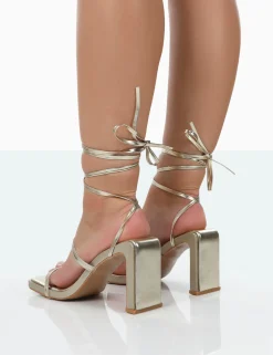 Public Desire Misha Square Toe Strappy Lace Up Thin Block Heels Gold Sale
