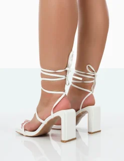 Public Desire Misha Square Toe Strappy Lace Up Thin Block Heels White Cheap