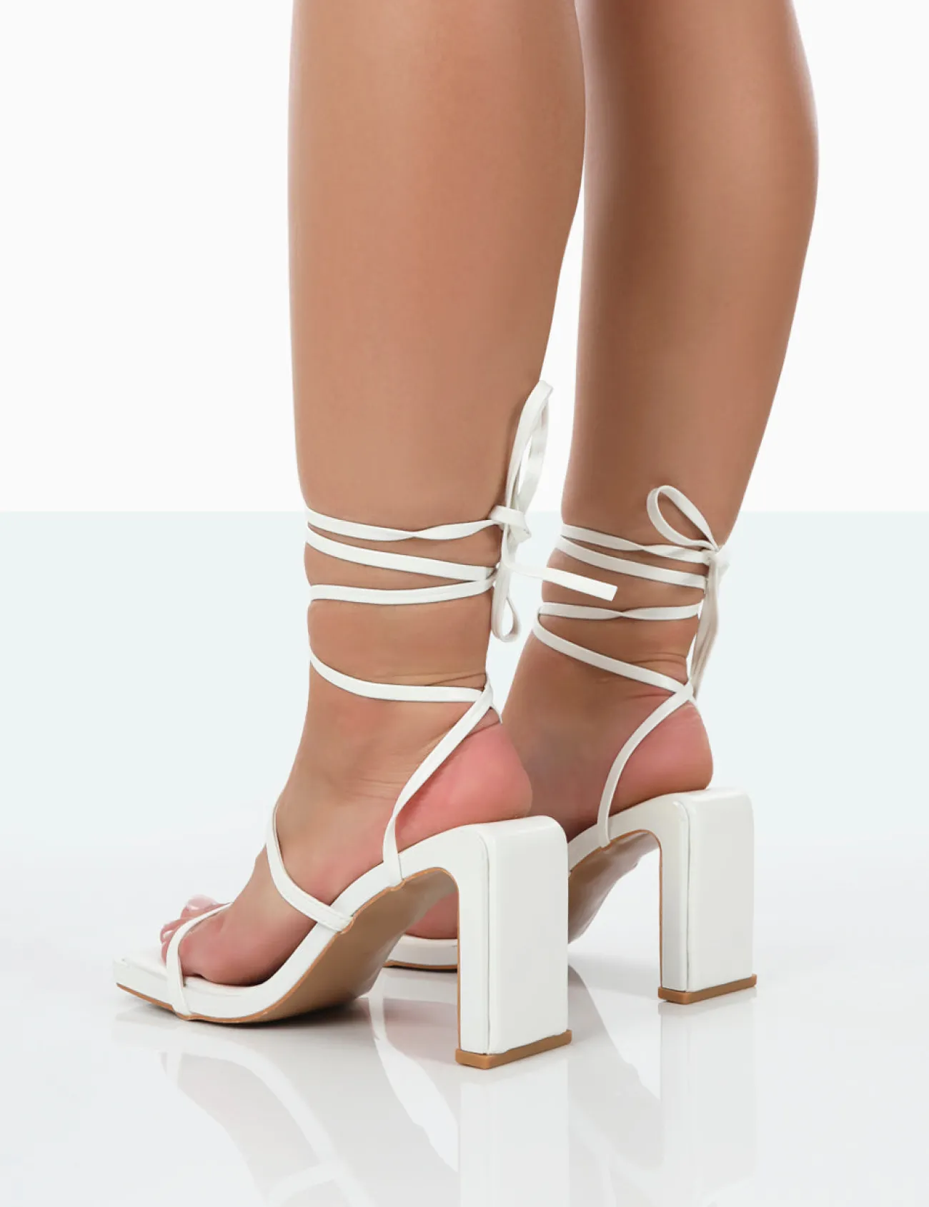 Public Desire Misha Square Toe Strappy Lace Up Thin Block Heels White Cheap